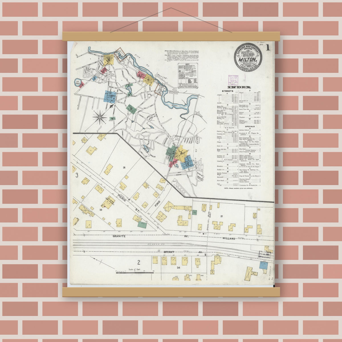 Old map wall art mockup — magnetic wood frame on brick wall — Sanborn Fire Insurance Map from Milton, Norfolk County, Massachusetts (1906) - Complete Map Set
