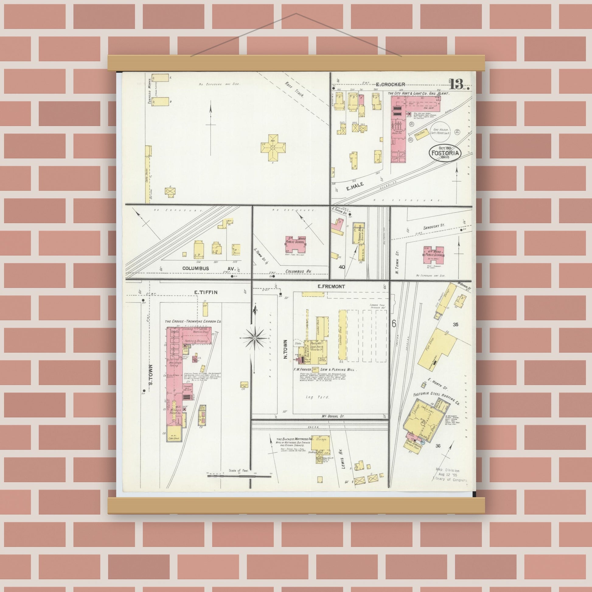 Old map wall art mockup — magnetic wood frame on brick wall — Sanborn Fire Insurance Map from Fostoria, Seneca, Hancock, And Wood Counties, Ohio (1901), Sheet #0013