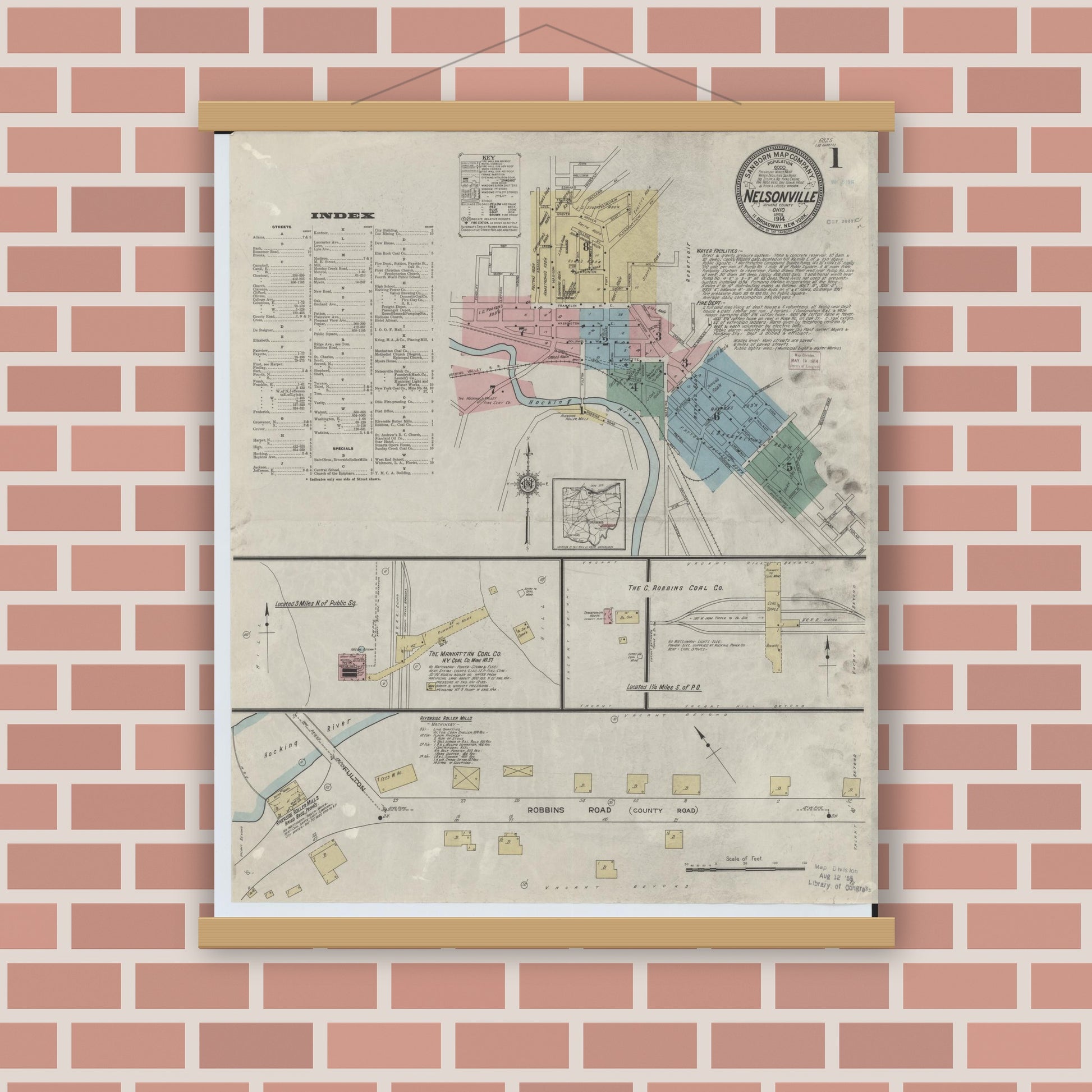 Old map wall art mockup — magnetic wood frame on brick wall — Sanborn Fire Insurance Map from Nelsonville, Athens County, Ohio (1914) - Complete Map Set
