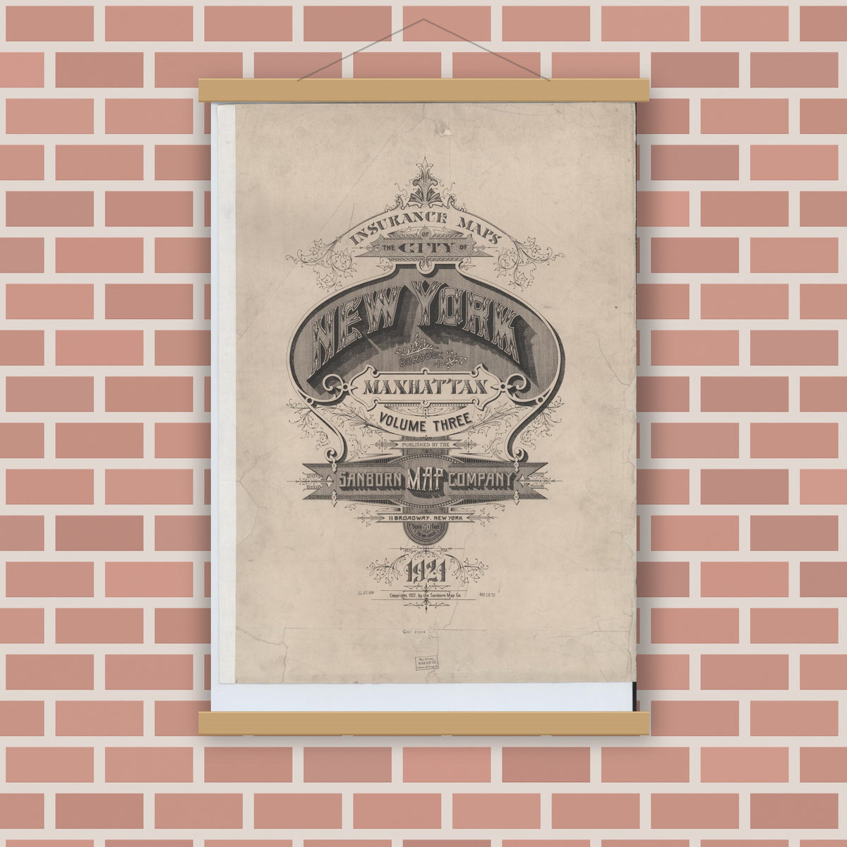 Old map wall art mockup — magnetic wood frame on brick wall — Sanborn Fire Insurance Map from New York, Bronx, Manhattan, New York (1921), Sheet #0001