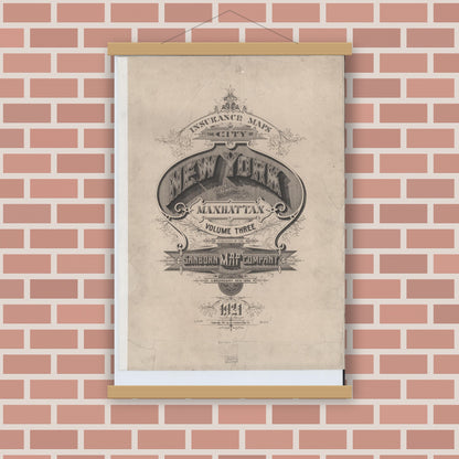 Old map wall art mockup — magnetic wood frame on brick wall — Sanborn Fire Insurance Map from New York, Bronx, Manhattan, New York (1921), Sheet #0001