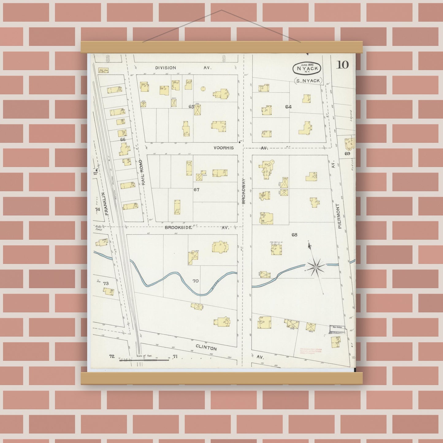 Old map wall art mockup — magnetic wood frame on brick wall — Sanborn Fire Insurance Map from Nyack, Rockland County, New York. (1892), Sheet #0010