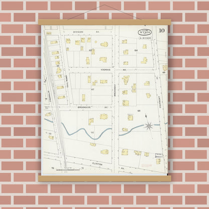 Old map wall art mockup — magnetic wood frame on brick wall — Sanborn Fire Insurance Map from Nyack, Rockland County, New York. (1892), Sheet #0010