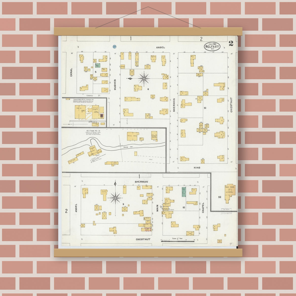 Old map wall art mockup — magnetic wood frame on brick wall — Sanborn Fire Insurance Map from Belfast, Allegany County, New York (1904), Sheet #0002