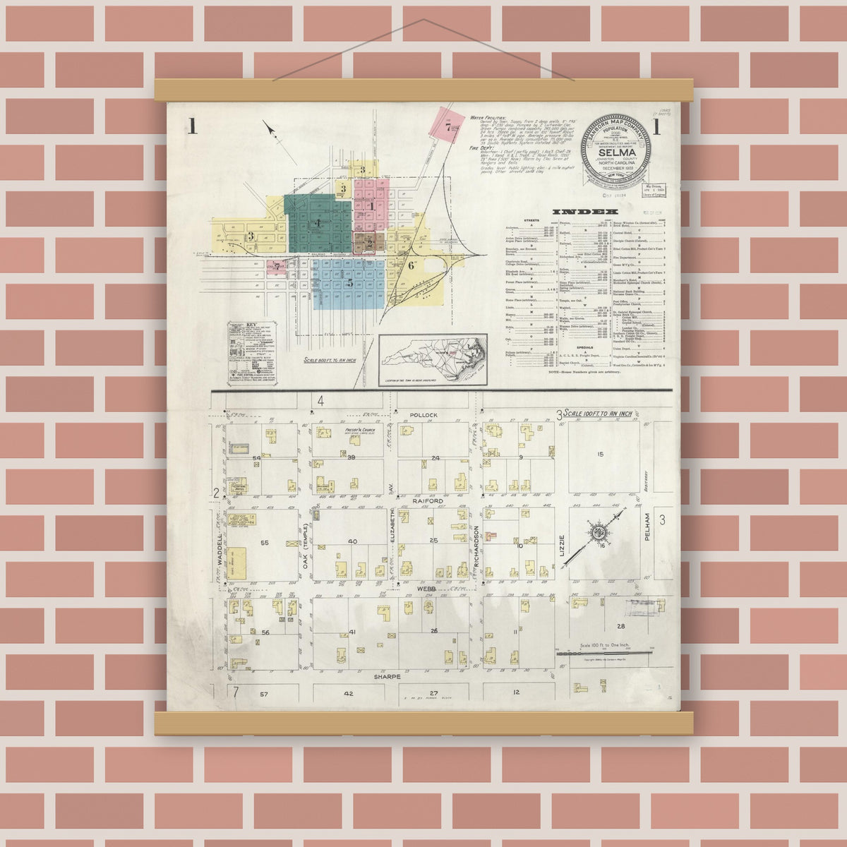 Old map wall art mockup — magnetic wood frame on brick wall — Sanborn Fire Insurance Map from Selma, Johnston County, North Carolina (1923), Sheet #0001