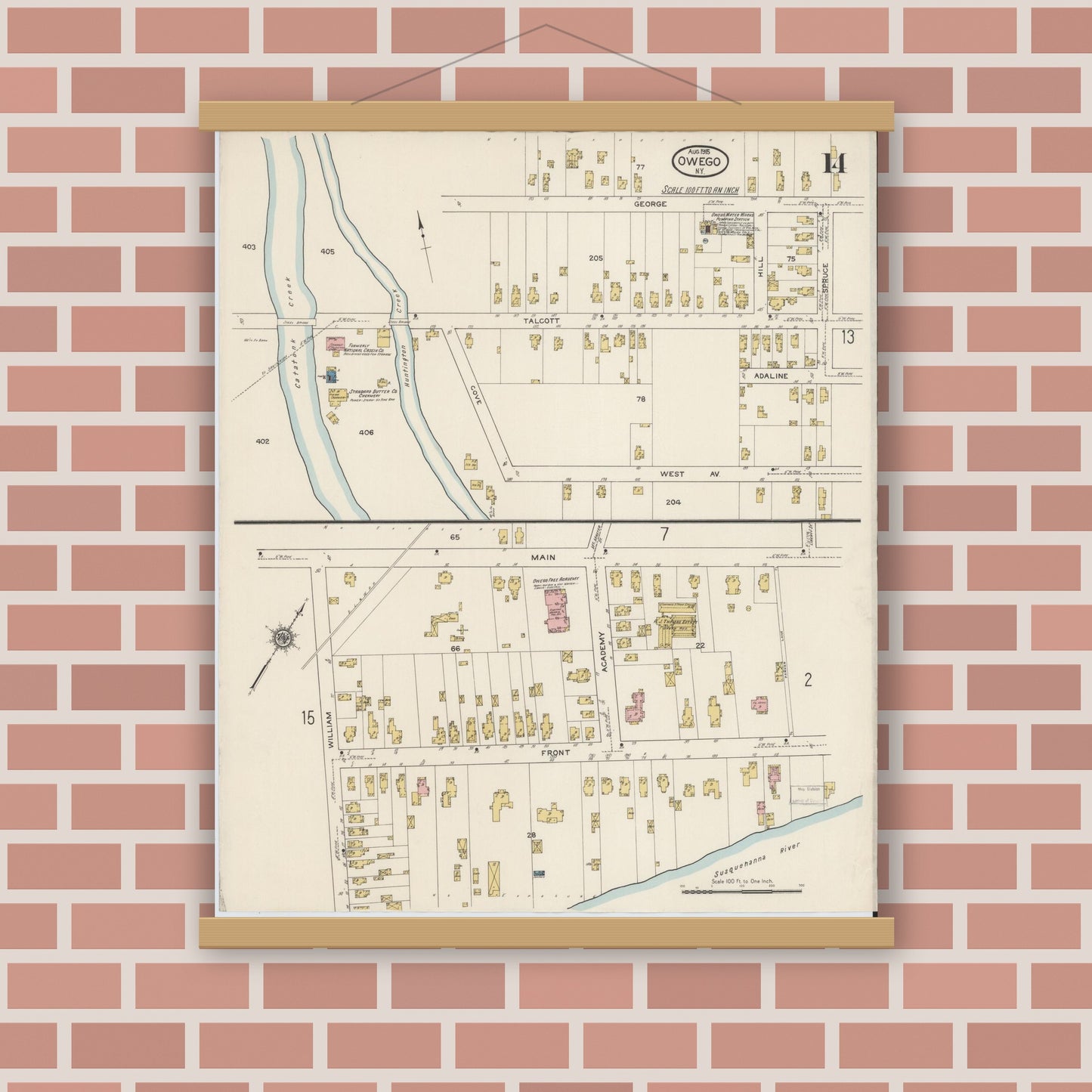Old map wall art mockup — magnetic wood frame on brick wall — Sanborn Fire Insurance Map from Owego, Tioga County, New York (1915), Sheet #0014