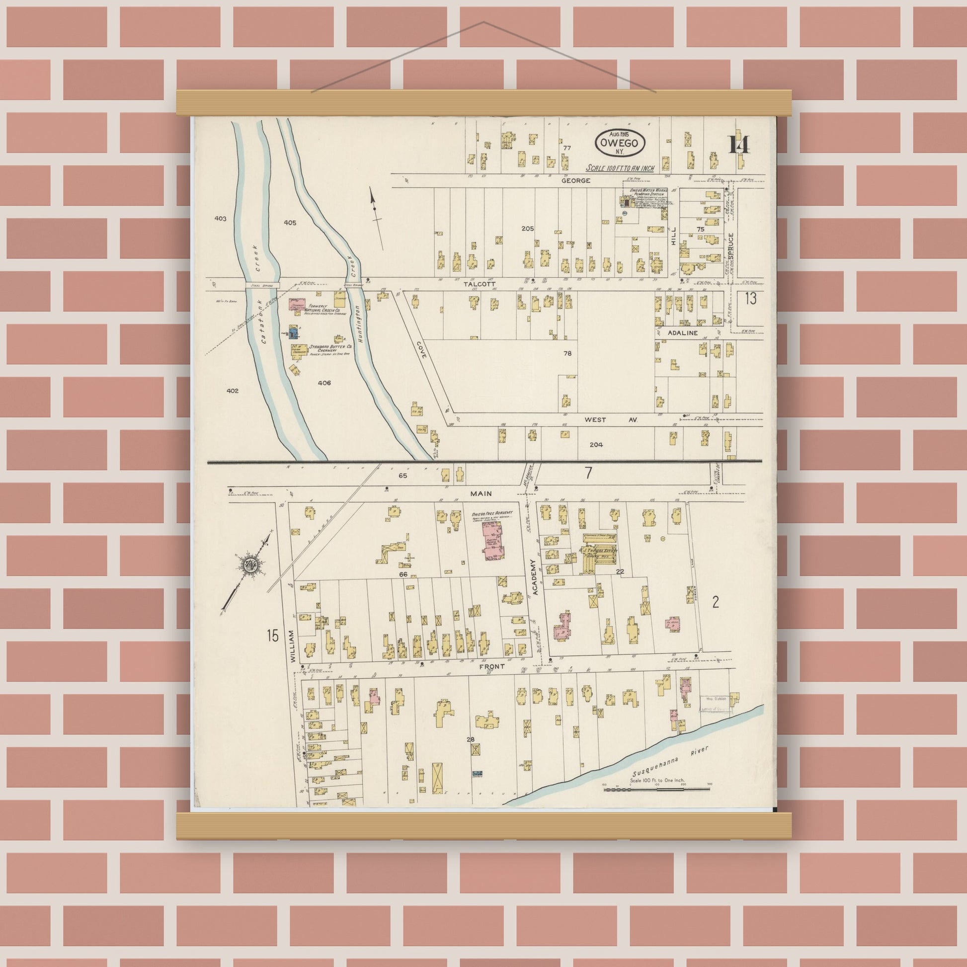 Old map wall art mockup — magnetic wood frame on brick wall — Sanborn Fire Insurance Map from Owego, Tioga County, New York (1915), Sheet #0014