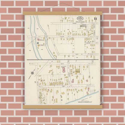 Old map wall art mockup — magnetic wood frame on brick wall — Sanborn Fire Insurance Map from Owego, Tioga County, New York (1915), Sheet #0014
