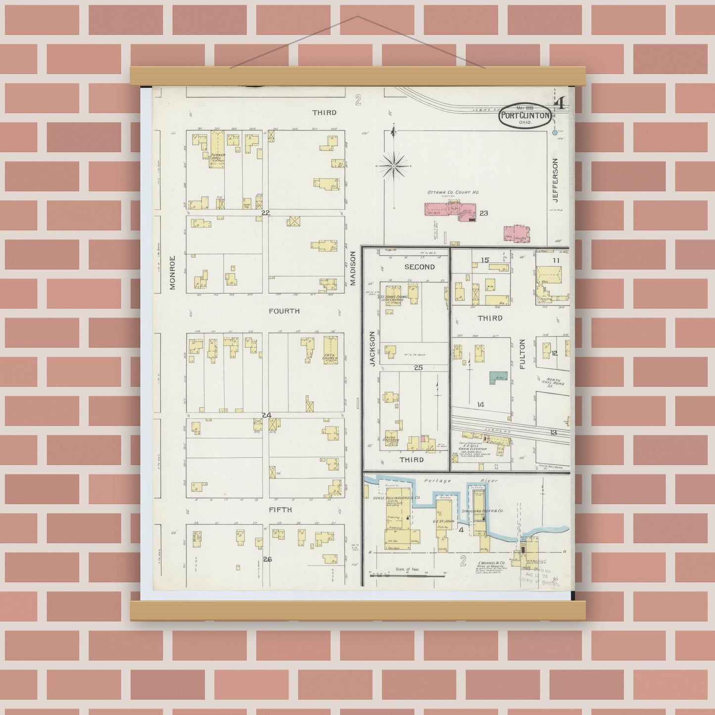 Old map wall art mockup — magnetic wood frame on brick wall — Sanborn Fire Insurance Map from Port Clinton, Ottawa County, Ohio (1893), Sheet #0004