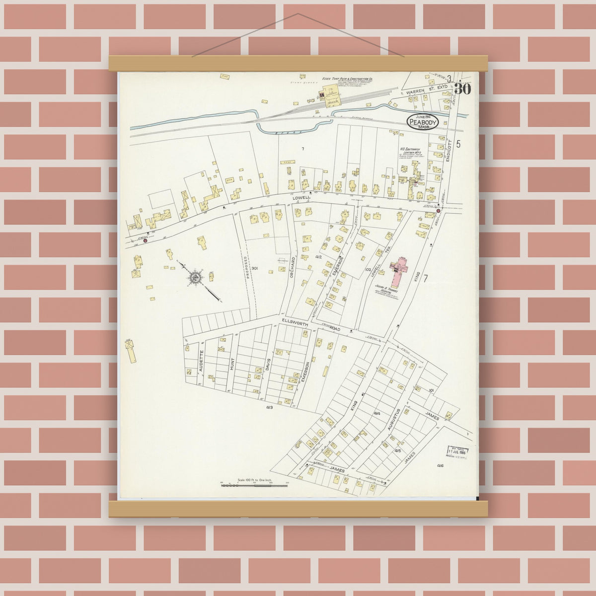 Old map wall art mockup — magnetic wood frame on brick wall — Sanborn Fire Insurance Map from Peabody, Essex County, Massachusetts (1914), Sheet #0030