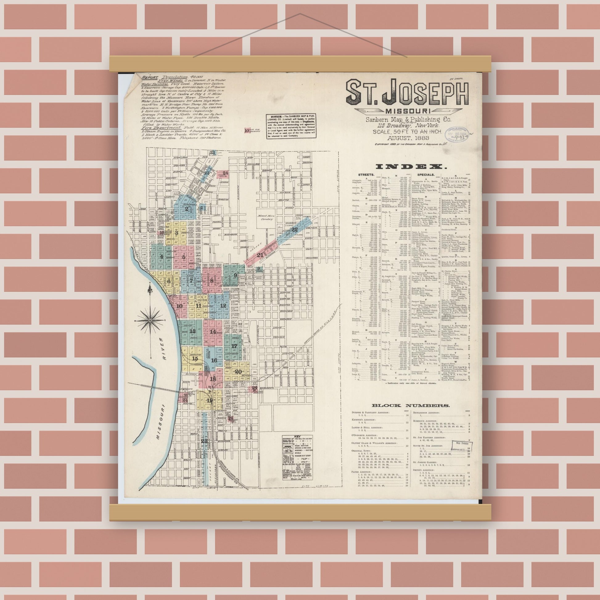 Old map wall art mockup — magnetic wood frame on brick wall — Sanborn Fire Insurance Map from Saint Joseph, Buchanan County, Missouri (1883), Sheet #0001