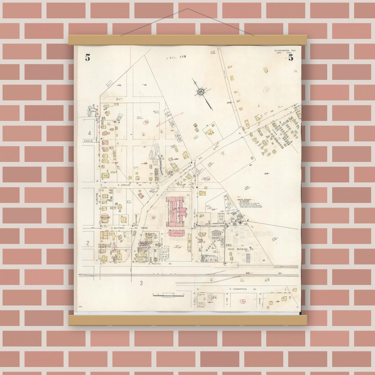 Old map wall art mockup — magnetic wood frame on brick wall — Sanborn Fire Insurance Map from Gladewater, Gregg County, Texas (1938), Sheet #0005
