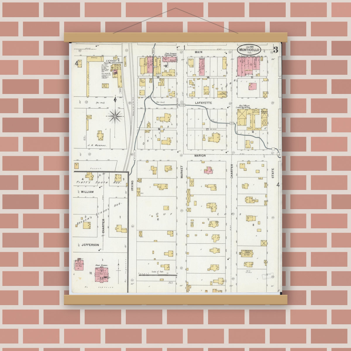 Old map wall art mockup — magnetic wood frame on brick wall — Sanborn Fire Insurance Map from Monticello, Piatt County, Illinois (1899), Sheet #0003