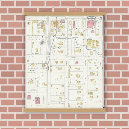 Old map wall art mockup — magnetic wood frame on brick wall — Sanborn Fire Insurance Map from Monticello, Piatt County, Illinois (1899), Sheet #0003