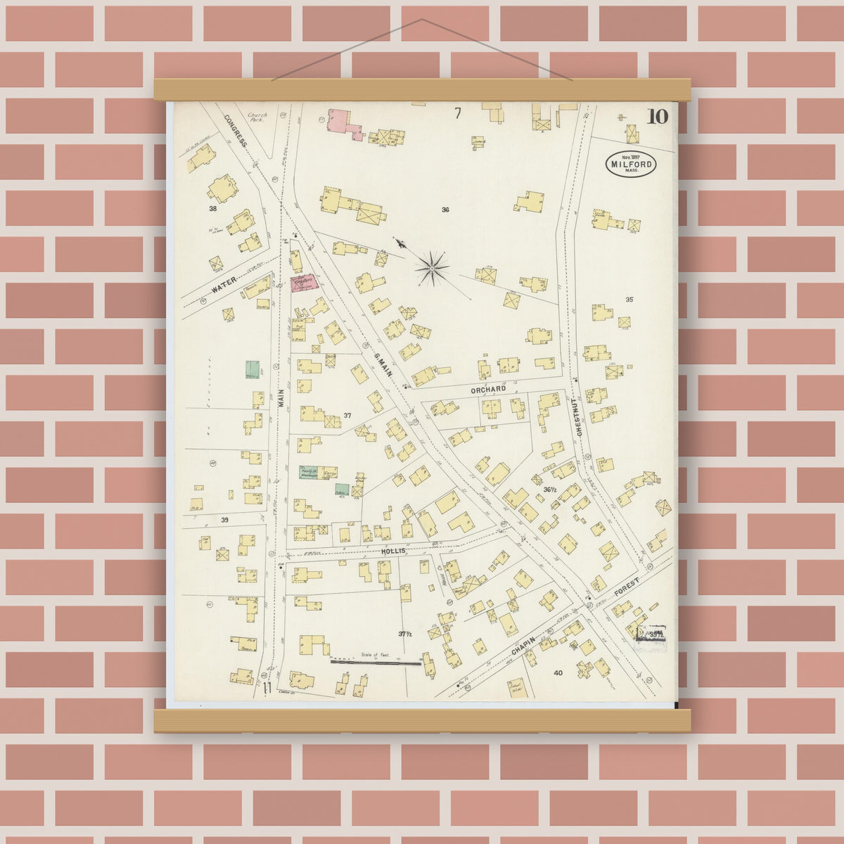 Old map wall art mockup — magnetic wood frame on brick wall — Sanborn Fire Insurance Map from Milford, Worcester County, Massachusetts (1897), Sheet #0010
