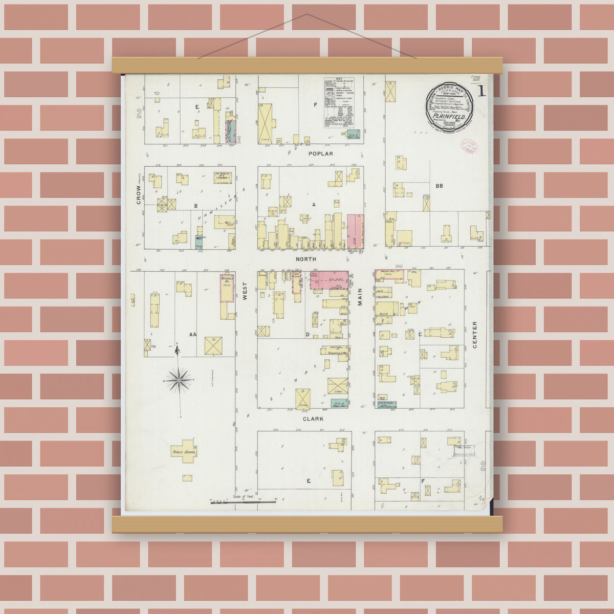 Old map wall art mockup — magnetic wood frame on brick wall — Sanborn Fire Insurance Map from Plainfield, Waushara County, Wisconsin (1894) - Complete Map Set