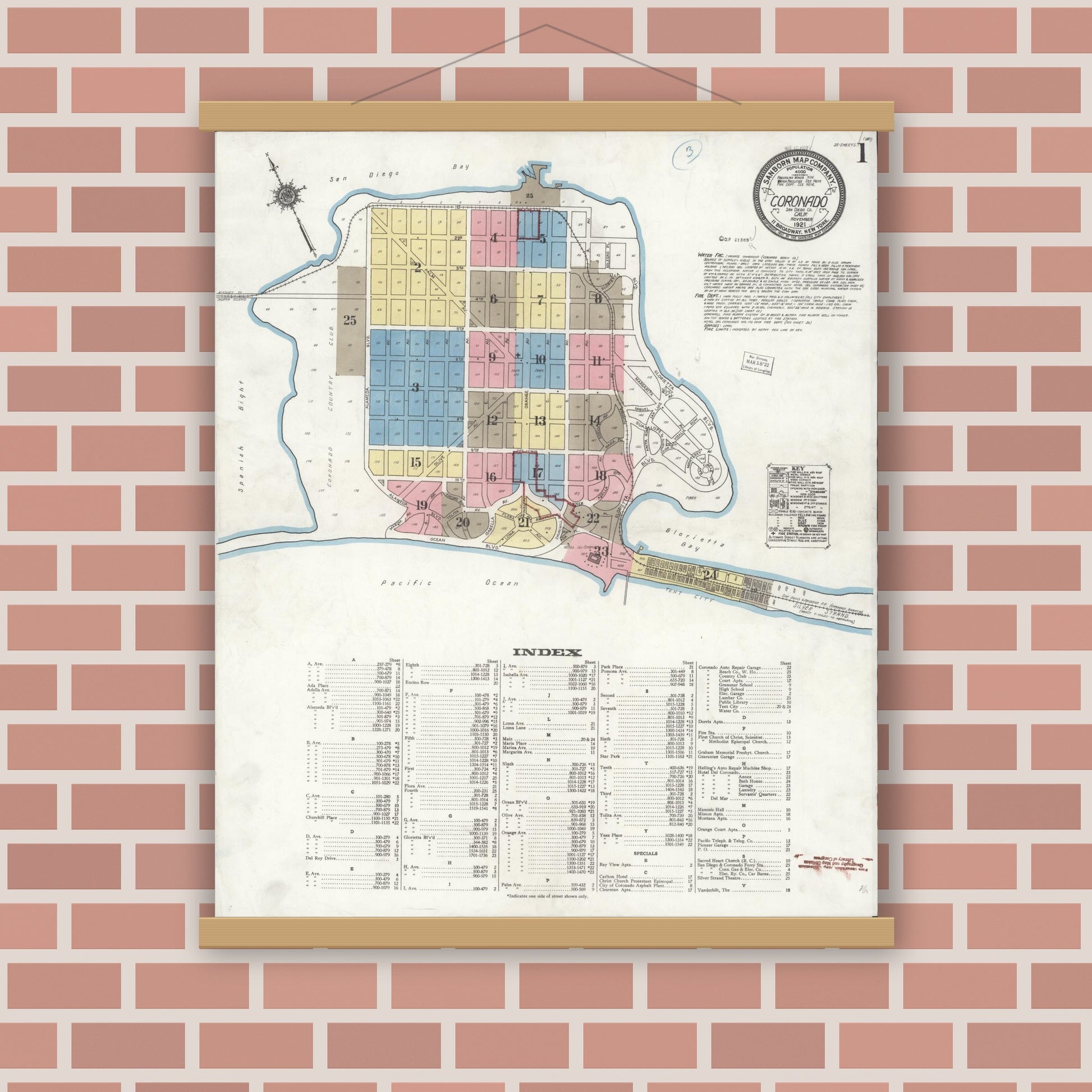 Old map wall art mockup — magnetic wood frame on brick wall — Sanborn Fire Insurance Map from Coronado, San Diego County, California (1921) - Complete Map Set