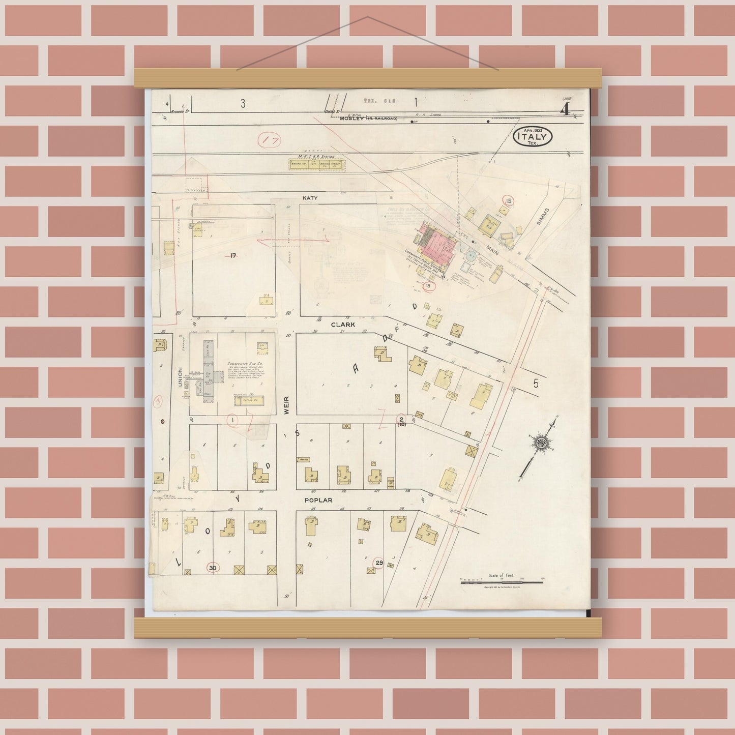 Old map wall art mockup — magnetic wood frame on brick wall — Sanborn Fire Insurance Map from Italy, Ellis County, Texas (1944), Sheet #0004