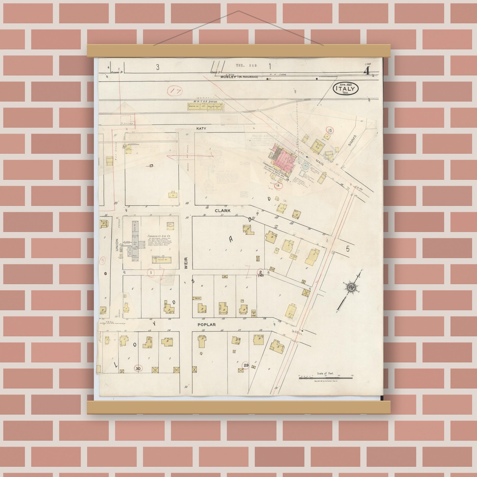 Old map wall art mockup — magnetic wood frame on brick wall — Sanborn Fire Insurance Map from Italy, Ellis County, Texas (1944), Sheet #0004