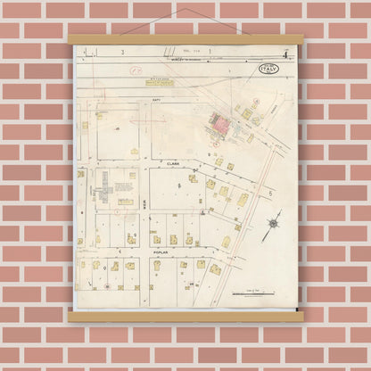 Old map wall art mockup — magnetic wood frame on brick wall — Sanborn Fire Insurance Map from Italy, Ellis County, Texas (1944), Sheet #0004