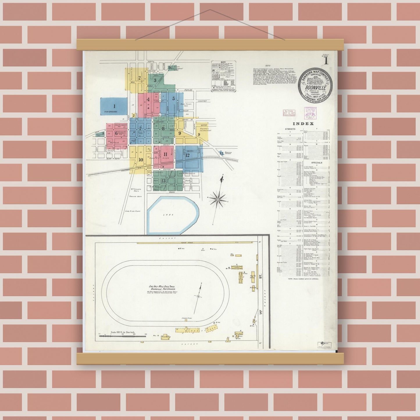 Old map wall art mockup — magnetic wood frame on brick wall — Sanborn Fire Insurance Map from Boonville, Warrick County, Indiana (1907) - Complete Map Set