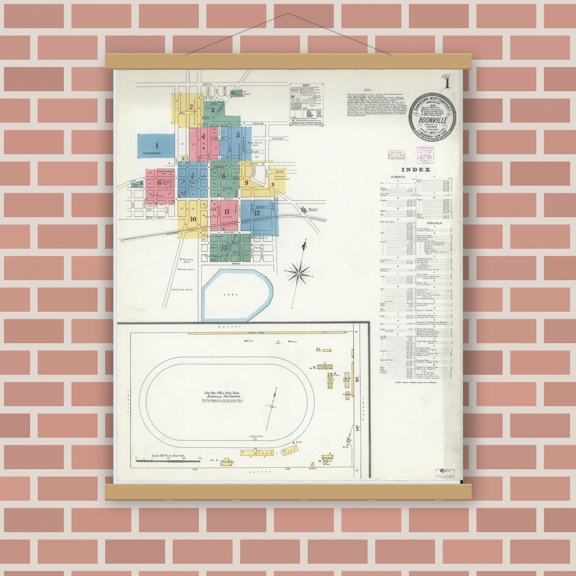 Old map wall art mockup — magnetic wood frame on brick wall — Sanborn Fire Insurance Map from Boonville, Warrick County, Indiana (1907) - Complete Map Set