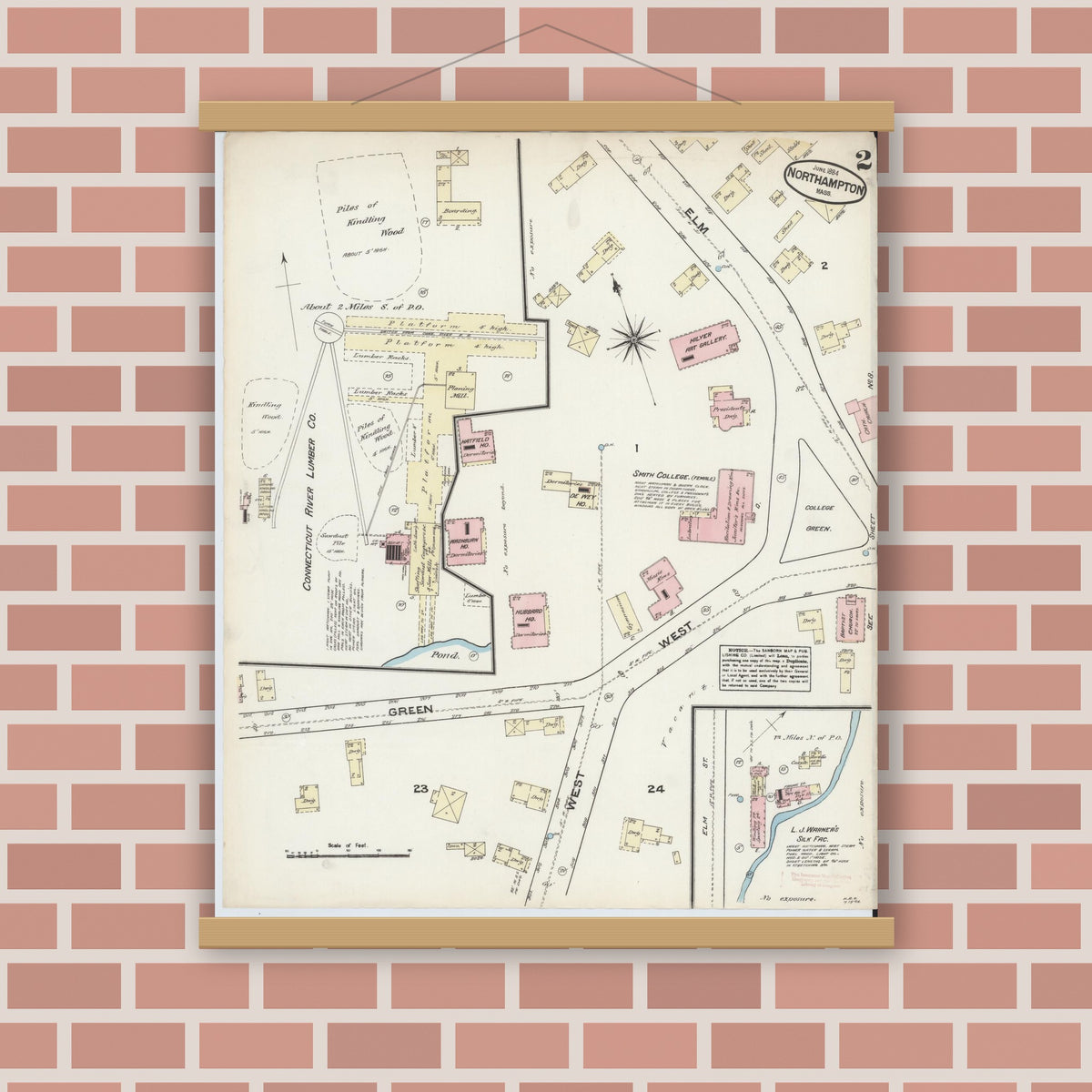 Old map wall art mockup — magnetic wood frame on brick wall — Sanborn Fire Insurance Map from Northampton, Hampshire County, Massachusetts (1884), Sheet #0002