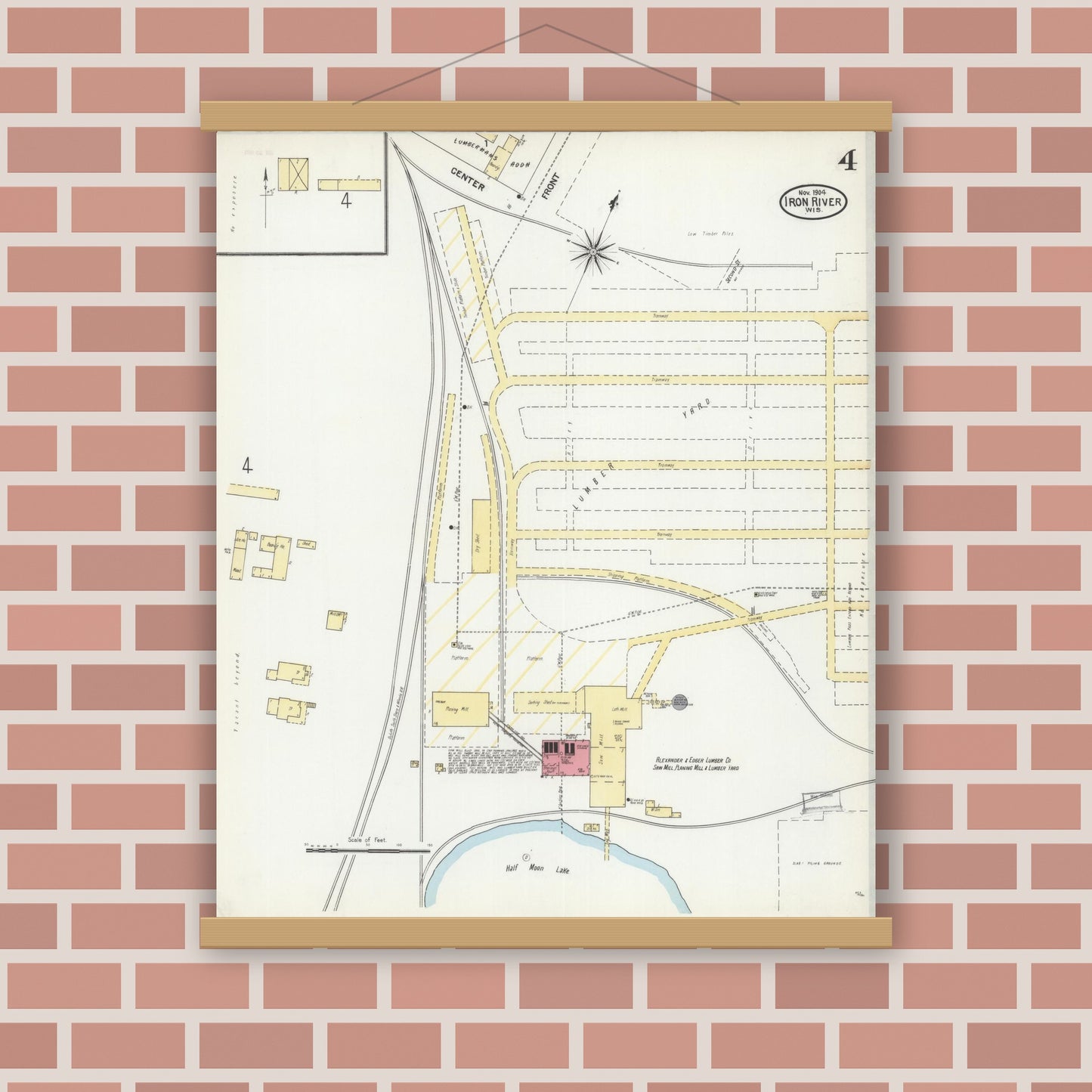 Old map wall art mockup — magnetic wood frame on brick wall — Sanborn Fire Insurance Map from Iron River, Bayfield County, Wisconsin (1904), Sheet #0004