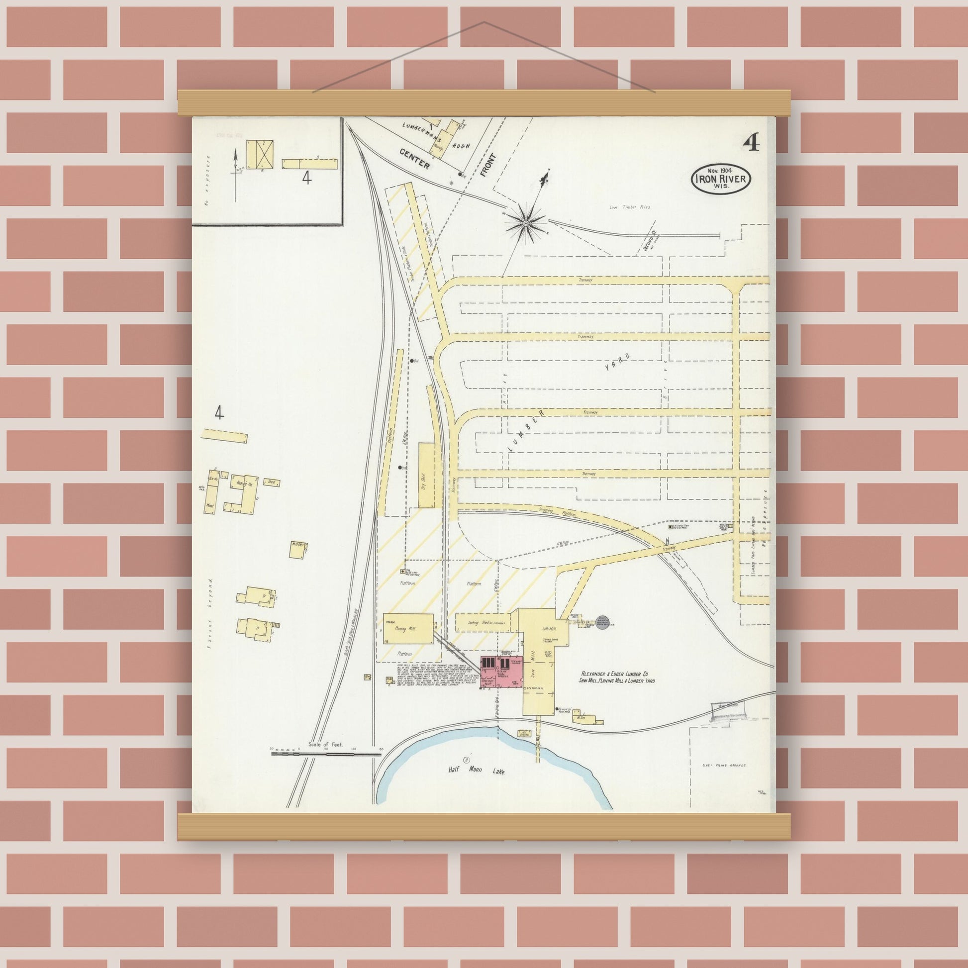 Old map wall art mockup — magnetic wood frame on brick wall — Sanborn Fire Insurance Map from Iron River, Bayfield County, Wisconsin (1904), Sheet #0004