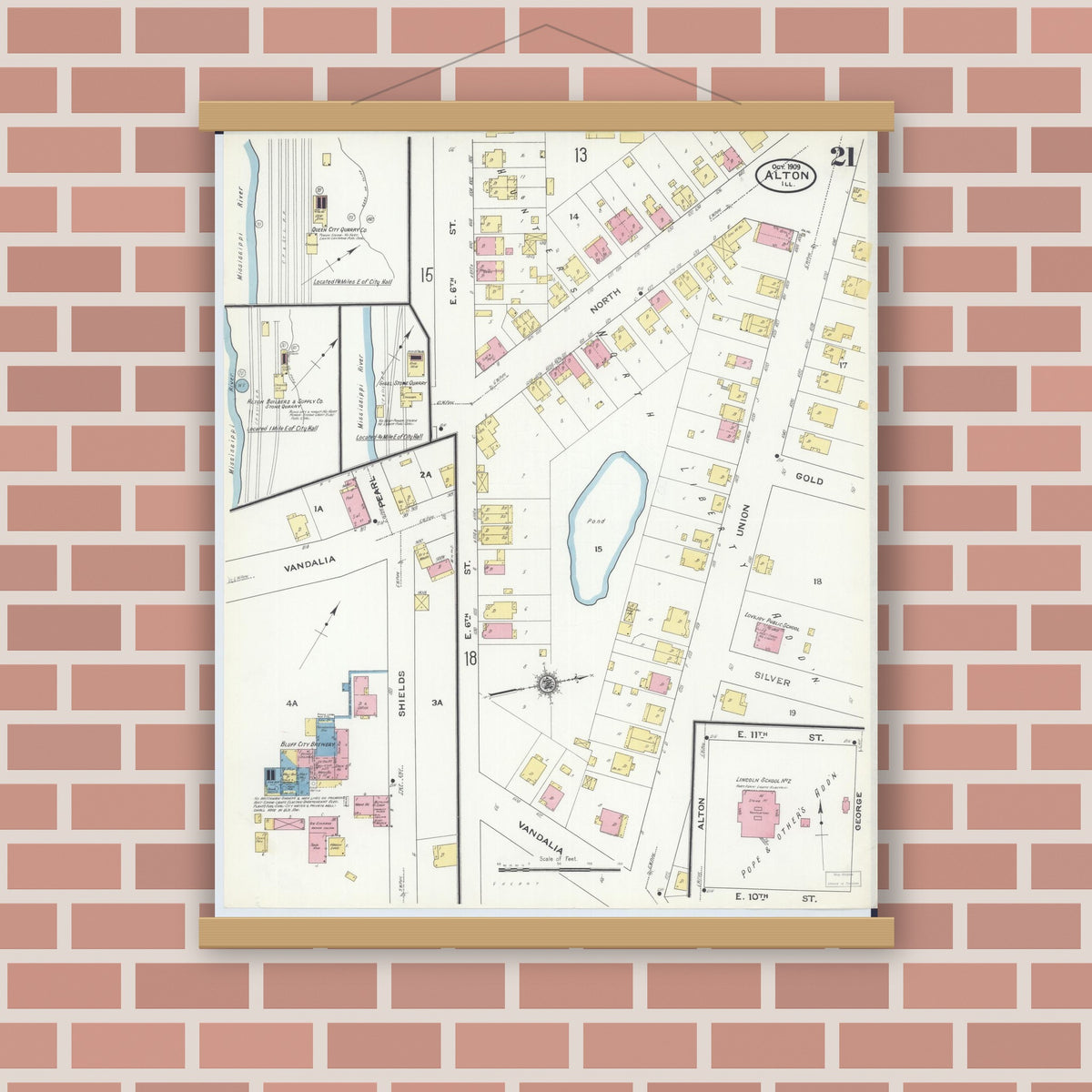 Old map wall art mockup — magnetic wood frame on brick wall — Sanborn Fire Insurance Map from Alton, Madison County, Illinois (1909), Sheet #0021