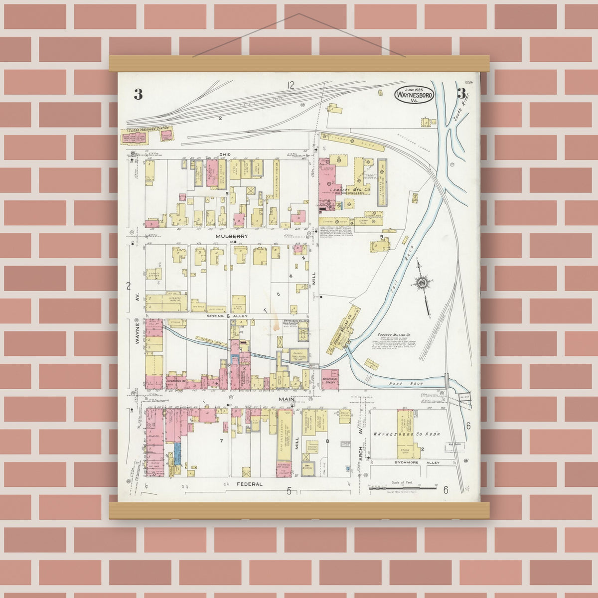 Old map wall art mockup — magnetic wood frame on brick wall — Sanborn Fire Insurance Map from Waynesboro, Independent Cities, Virginia (1925), Sheet #0003