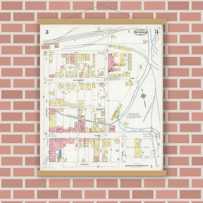 Old map wall art mockup — magnetic wood frame on brick wall — Sanborn Fire Insurance Map from Waynesboro, Independent Cities, Virginia (1925), Sheet #0003