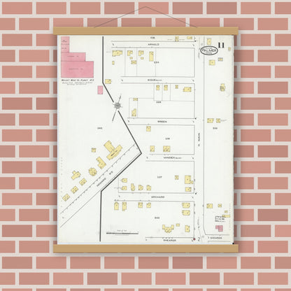 Old map wall art mockup — magnetic wood frame on brick wall — Sanborn Fire Insurance Map from Palmer, Hampden County, Massachusetts (1918), Sheet #0011