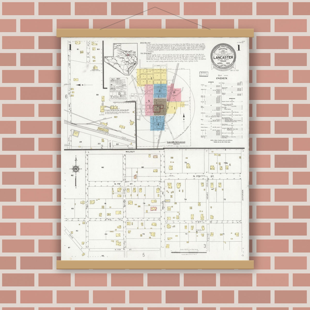 Old map wall art mockup — magnetic wood frame on brick wall — Sanborn Fire Insurance Map from Lancaster, Dallas County, Texas (1928) - Complete Map Set