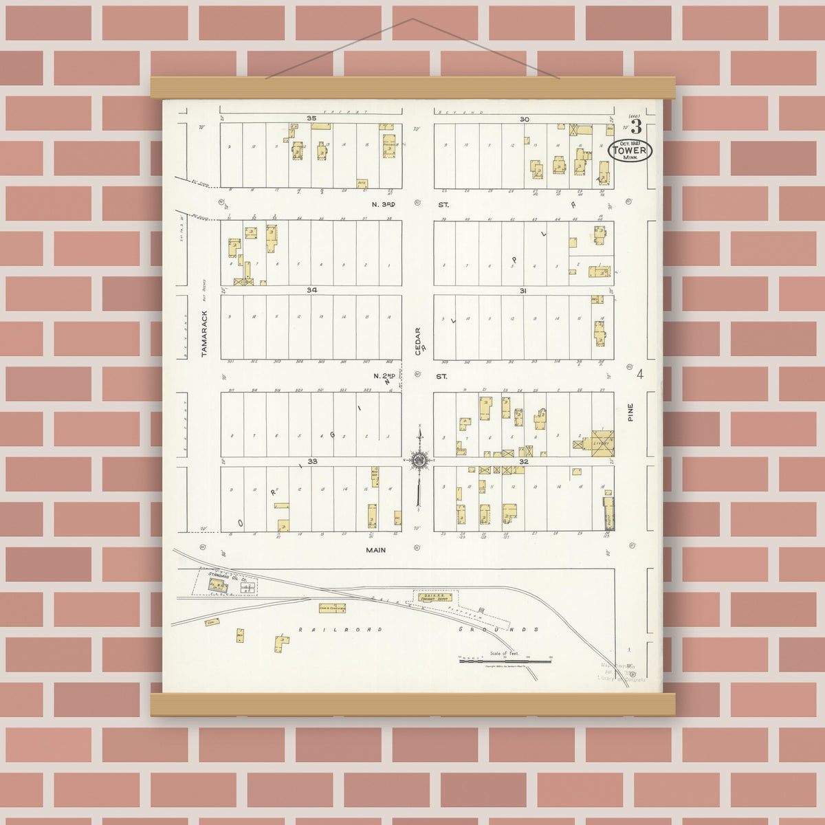 Old map wall art mockup — magnetic wood frame on brick wall — Sanborn Fire Insurance Map from Tower, Saint Louis County, Minnesota (1921), Sheet #0003