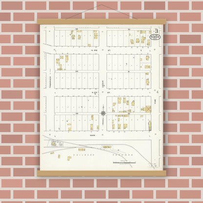 Old map wall art mockup — magnetic wood frame on brick wall — Sanborn Fire Insurance Map from Tower, Saint Louis County, Minnesota (1921), Sheet #0003