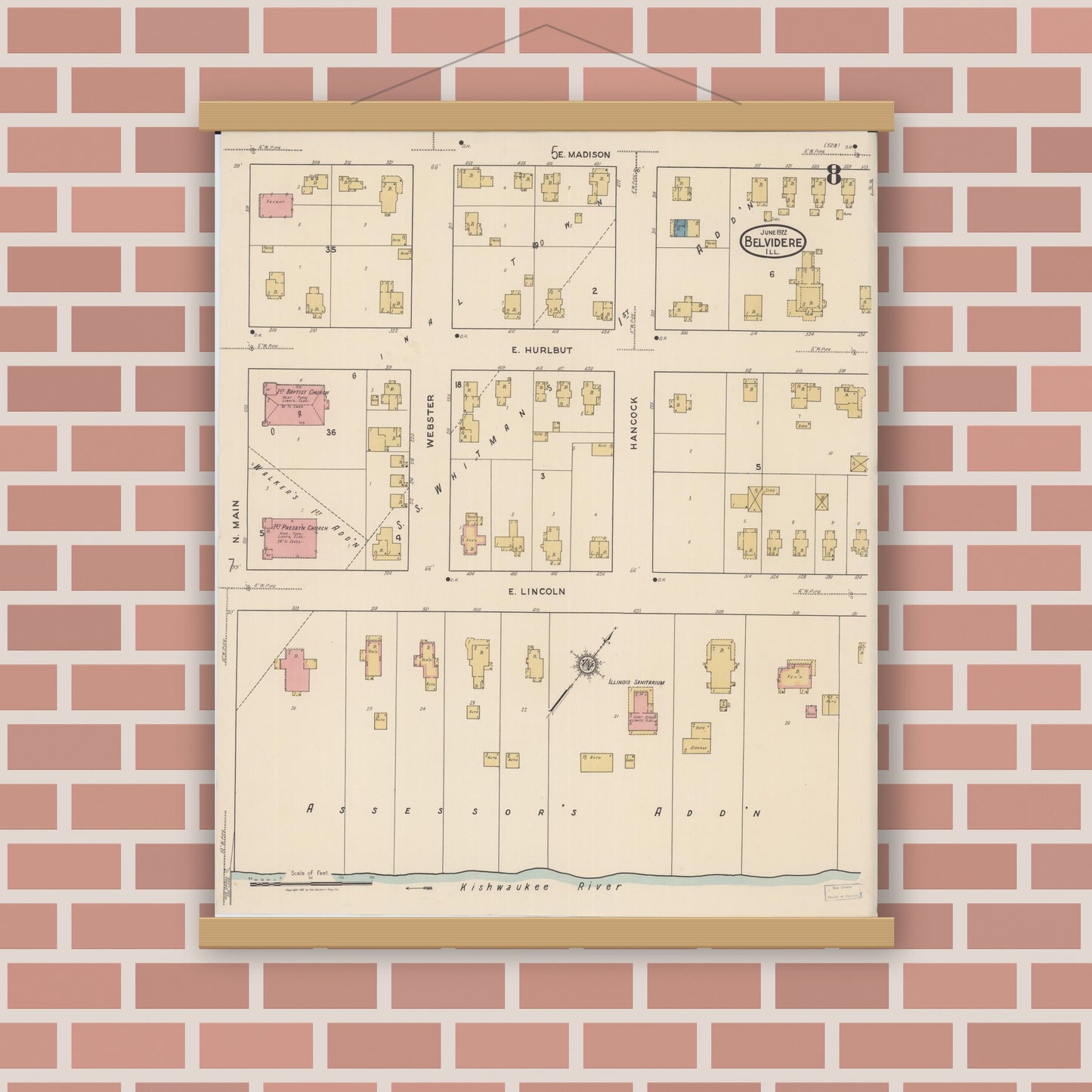 Old map wall art mockup — magnetic wood frame on brick wall — Sanborn Fire Insurance Map from Belvidere, Boone County, Illinois (1922), Sheet #0008