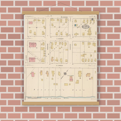 Old map wall art mockup — magnetic wood frame on brick wall — Sanborn Fire Insurance Map from Belvidere, Boone County, Illinois (1922), Sheet #0008