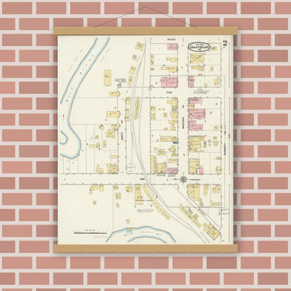 Old map wall art mockup — magnetic wood frame on brick wall — Sanborn Fire Insurance Map from Grantsburg, Burnett County, Wisconsin (1916), Sheet #0002