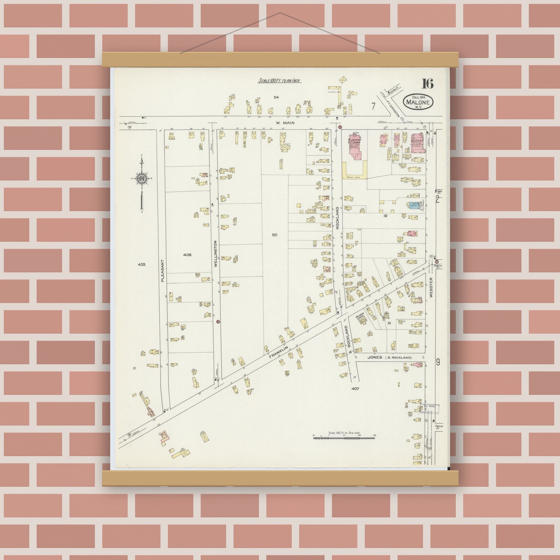 Old map wall art mockup — magnetic wood frame on brick wall — Sanborn Fire Insurance Map from Malone, Franklin County, New York (1914), Sheet #0016