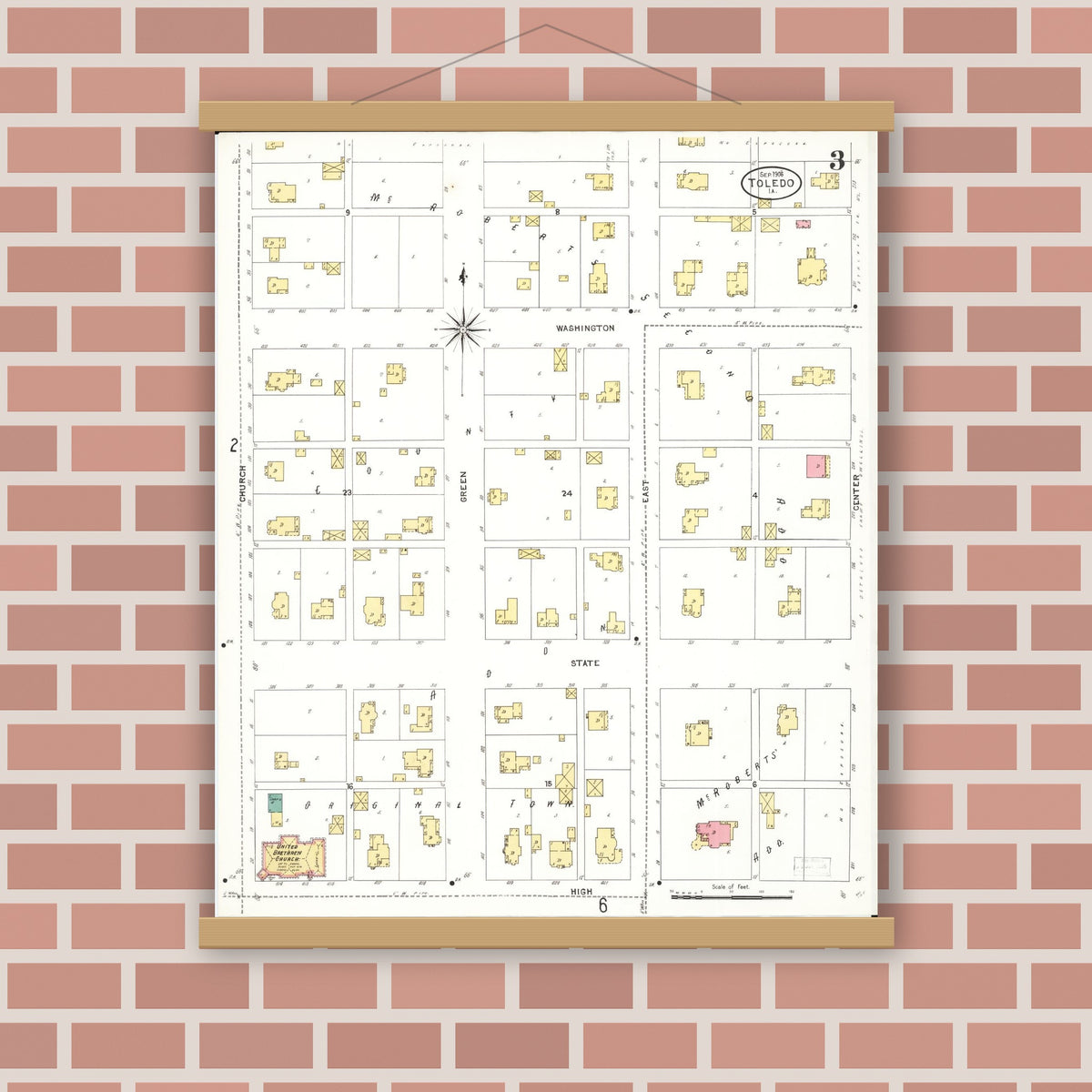 Old map wall art mockup — magnetic wood frame on brick wall — Sanborn Fire Insurance Map from Toledo, Tama County, Iowa (1906), Sheet #0003