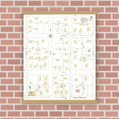 Old map wall art mockup — magnetic wood frame on brick wall — Sanborn Fire Insurance Map from Toledo, Tama County, Iowa (1906), Sheet #0003