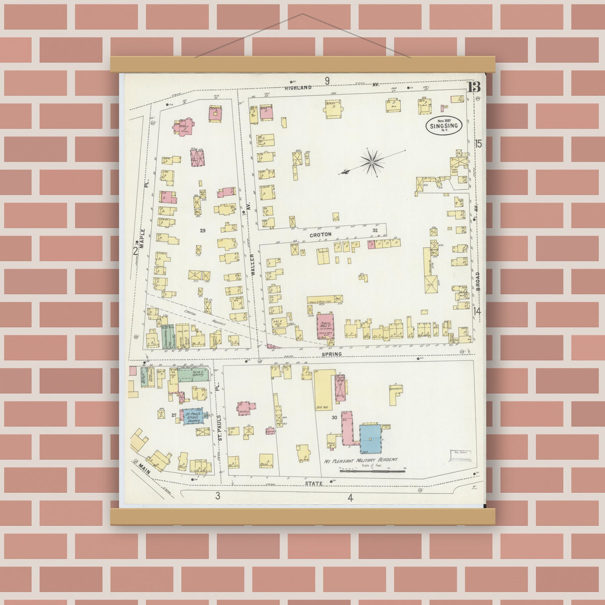 Old map wall art mockup — magnetic wood frame on brick wall — Sanborn Fire Insurance Map from Sing Sing, Westchester County, New York (1897), Sheet #0013