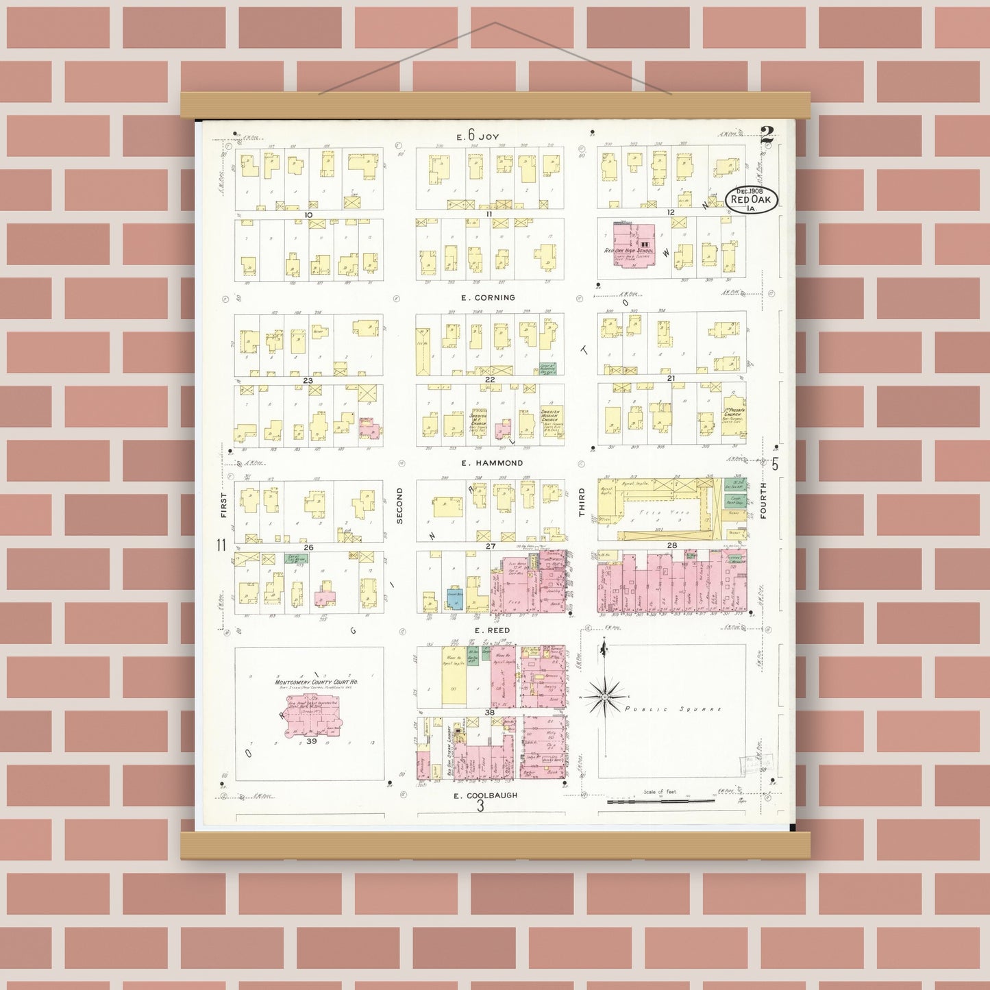 Old map wall art mockup — magnetic wood frame on brick wall — Sanborn Fire Insurance Map from Red Oak, Montgomery County, Iowa (1908), Sheet #0002