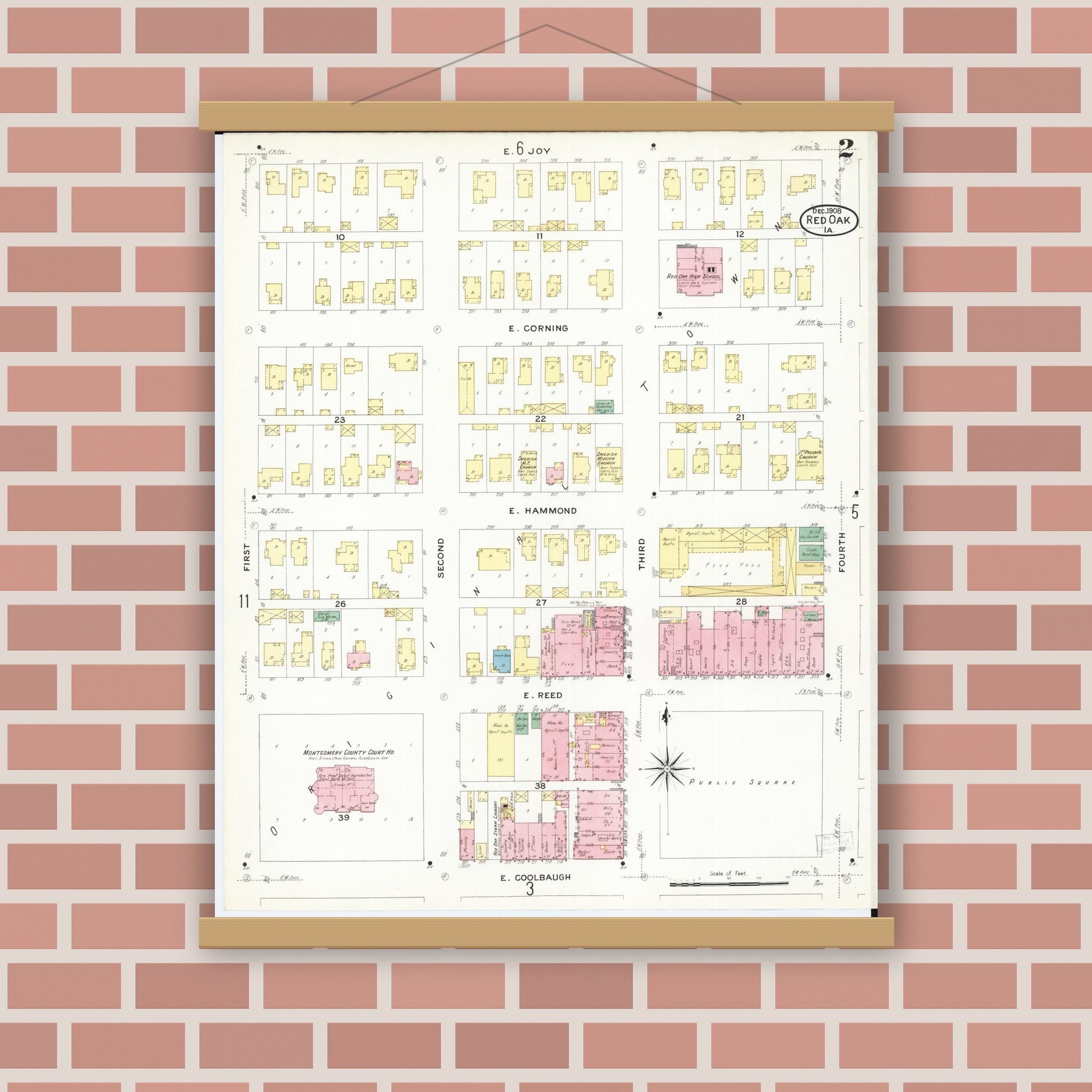 Old map wall art mockup — magnetic wood frame on brick wall — Sanborn Fire Insurance Map from Red Oak, Montgomery County, Iowa (1908), Sheet #0002