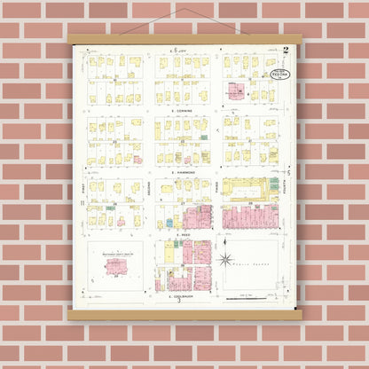Old map wall art mockup — magnetic wood frame on brick wall — Sanborn Fire Insurance Map from Red Oak, Montgomery County, Iowa (1908), Sheet #0002