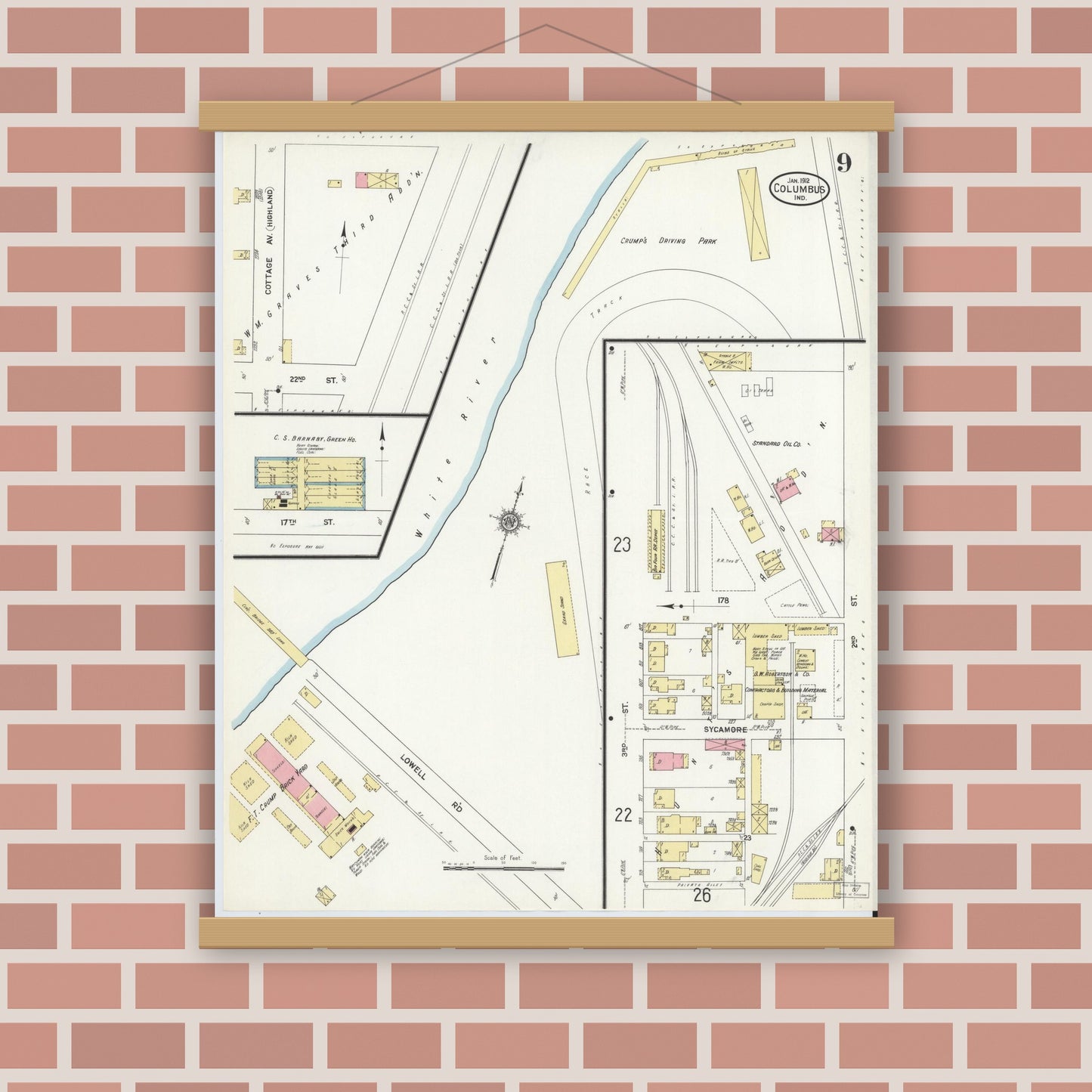 Old map wall art mockup — magnetic wood frame on brick wall — Sanborn Fire Insurance Map from Columbus, Bartholomew County, Indiana (1912), Sheet #0009