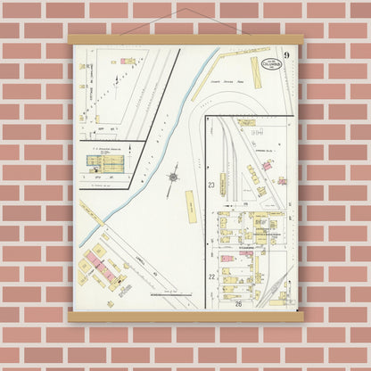 Old map wall art mockup — magnetic wood frame on brick wall — Sanborn Fire Insurance Map from Columbus, Bartholomew County, Indiana (1912), Sheet #0009