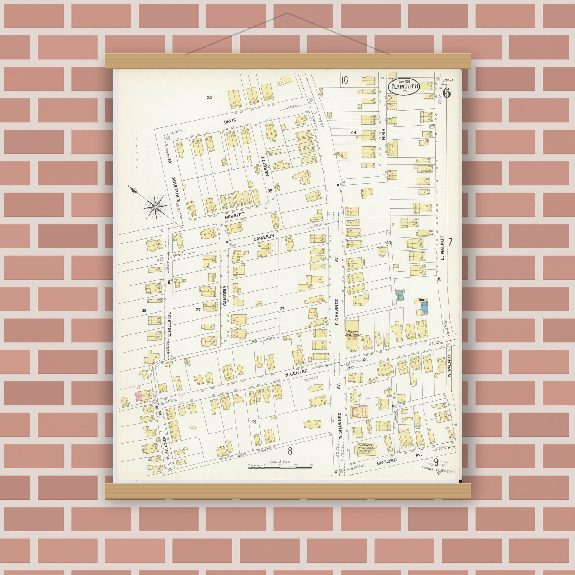 Old map wall art mockup — magnetic wood frame on brick wall — Sanborn Fire Insurance Map from Plymouth, Luzerne County, Pennsylvania (1907), Sheet #0006