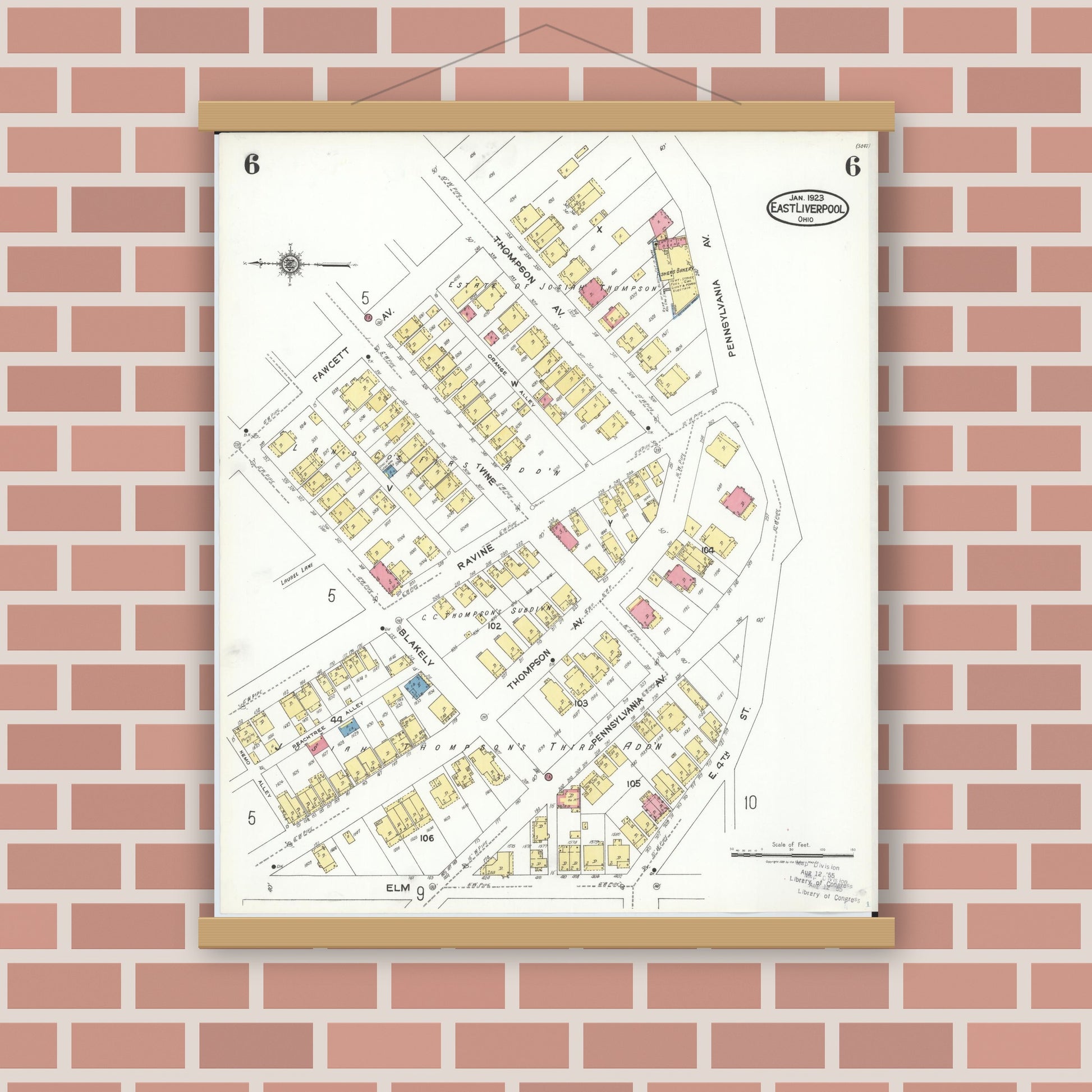 Old map wall art mockup — magnetic wood frame on brick wall — Sanborn Fire Insurance Map from East Liverpool, Columbiana County, Ohio (1923), Sheet #0006